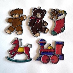 X5 Vtg Suncatcher Stained Glass Style Ornaments Toy Train Stocking Rocking Horse