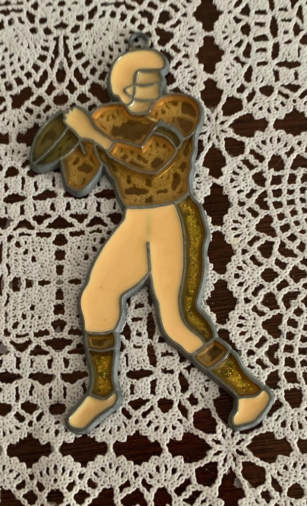 Vintage Football Player Stained Glass Window Suncatcher Ornament Metal 5 Inch