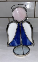 Vintage Stained Glass 5.5″ Blue angle holding candle – sun catcher glass art