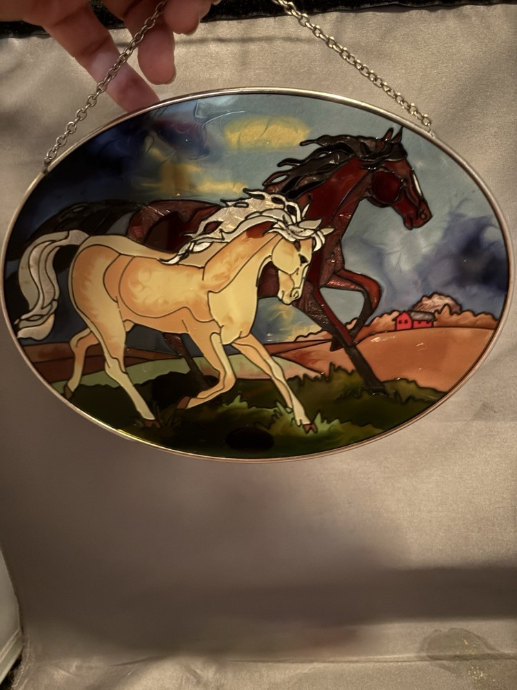 LG Vintage Joan Baker Designs Hand Painted Glass Suncatcher – 2 Running Horses