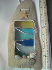 Driftwood and stained glass hanging beach themed suncatcher