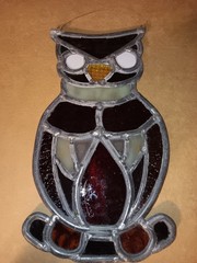 Vintage Signed CULLEN Stained Glass Owl Suncatcher Leaded Window Art 11” 70s MCM