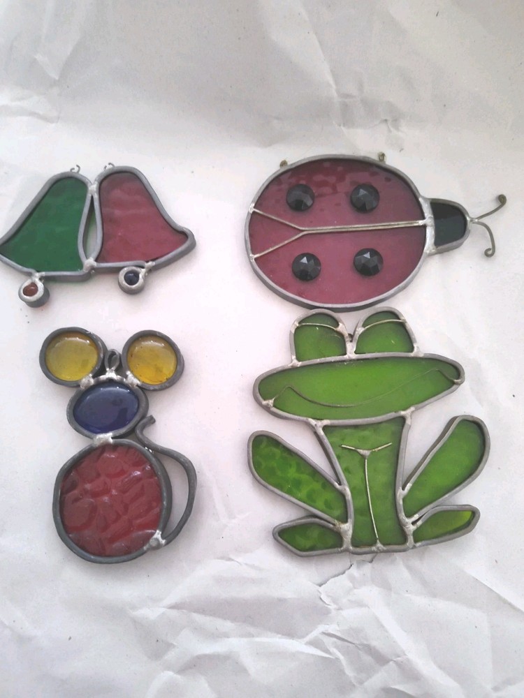 Set 4 Vtg Handmade Stained Glass Frog Mouse Bells Ladybug Sun catchers