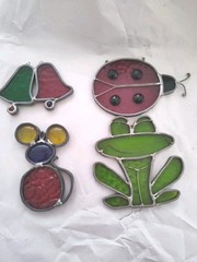 Set 4 Vtg Handmade Stained Glass Frog Mouse Bells Ladybug Sun catchers
