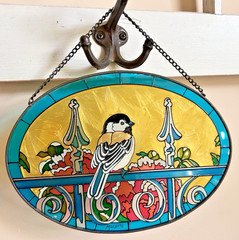 Oval Suncatcher Chickadee Metal Fence Stained Glass-Like Wall Hanging Signed