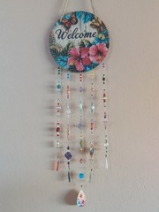 Hibiscus Welcome Windchime/Suncatcher W/Glass &Acrylic Beads & A Butterfly Charm
