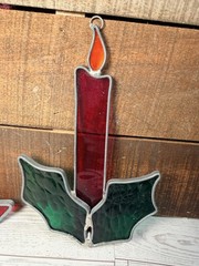 Set Of 2 Stained Glass Christmas Candle Sun Catcher Window Decoration Holly