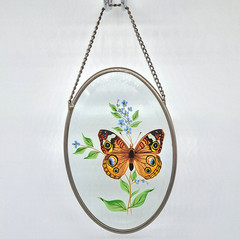Vintage Lyford Reverse Painted Oval Beveled Glass Butterfly Flowers Suncatcher