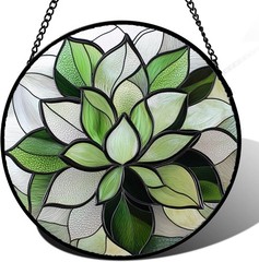 Stained Glass Window Hanging Green Lotus Suncatcher Door Garden Succulent Plant