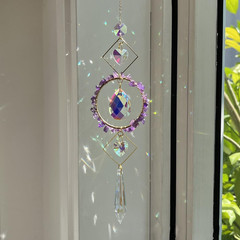 Crystal Suncatcher for Window – Natural Fluorite & Amethyst Hanging Ornament, Ra