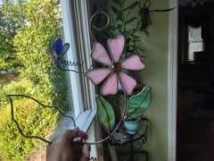 Vtg Stained Glass Flower Bouquet Dragonfly Suncatcher Pot Vase Art Decor Pc*
