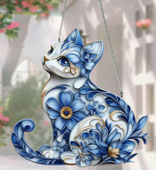 SUNCATCHER-Whimsical Blue & White Cat Acrylic Suncatcher (8″x8″)