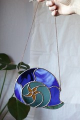 Starry Night Stained Glass Snail Shell, Van Gogh Inspired, OOAK Blue and Yellow