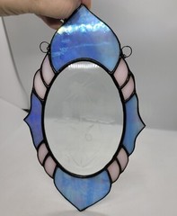 Iridescent Blue white Clear Beveled Glass Suncatcher floral etching