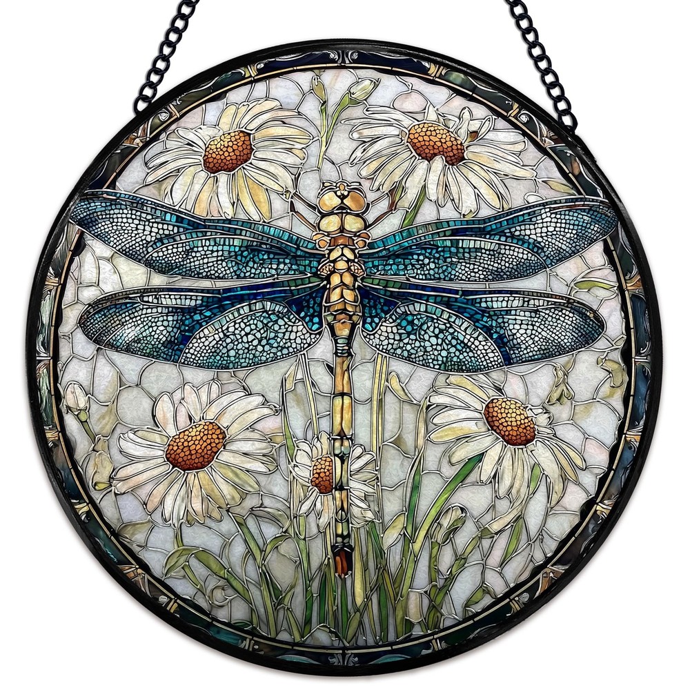 Dragonfly Suncatcher Stained Glass Window Hanging, Dragonfly Flower Sun Catch…