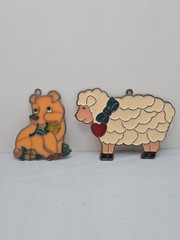 2 Vintage Suncatcher SHEEP / LAMB & Pig Ornaments Stained Glass Acrylic Metal