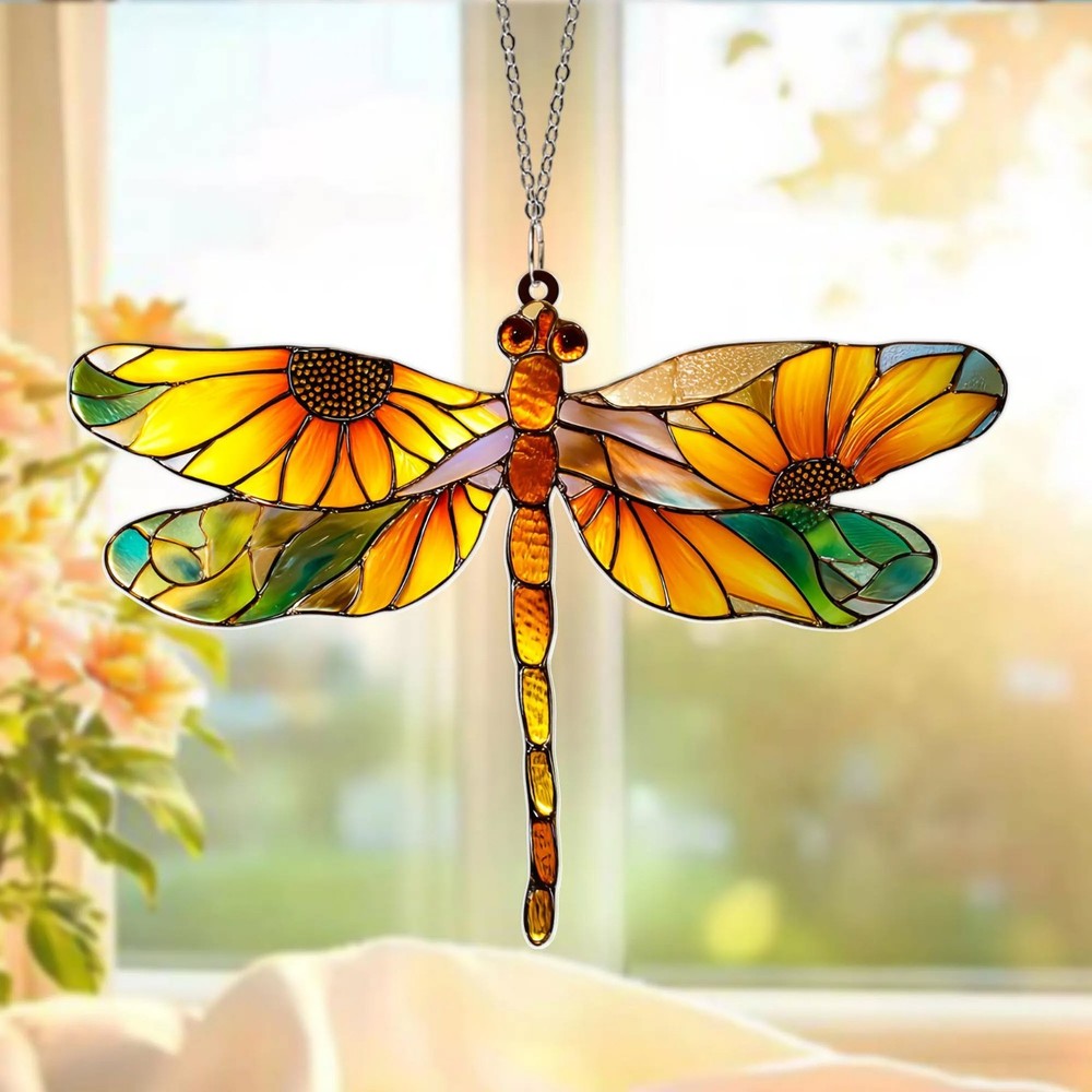 Sunflower Dragonfly Acrylic Suncatcher Faux Glass Window Decor Gift Lover Decor