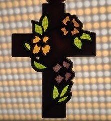 Stained Glass Style Floral Cross Suncatcher Ornament Hanging Décor ~4.25”