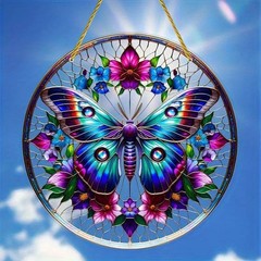 Botanical Purple Blue Flower Butterfly Light Transmitting Wall Hanging Decor