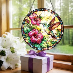 Colorful Hummingbird Stained Glass Suncatcher – 8 Inch Floral Window Decor