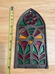 8×4” Multi-colored Stained Glass Suncatcher Green,red, & Yellow, Pewter, Vintage