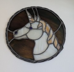 Suncatcher unicorn stained glass round twisted metal 11” mystical fantasy