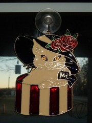 Fancy Cat In Hat Box Sun Catcher Ornament Stained Glass Style