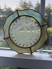 Vintage Handmade Stained Glass Lace Doily Insert Light Sun Catcher 7.5” Wide