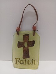 Green Glass Suncatcher FAITH Metal Cross Wall Decor w/ Leather Cord Vintage
