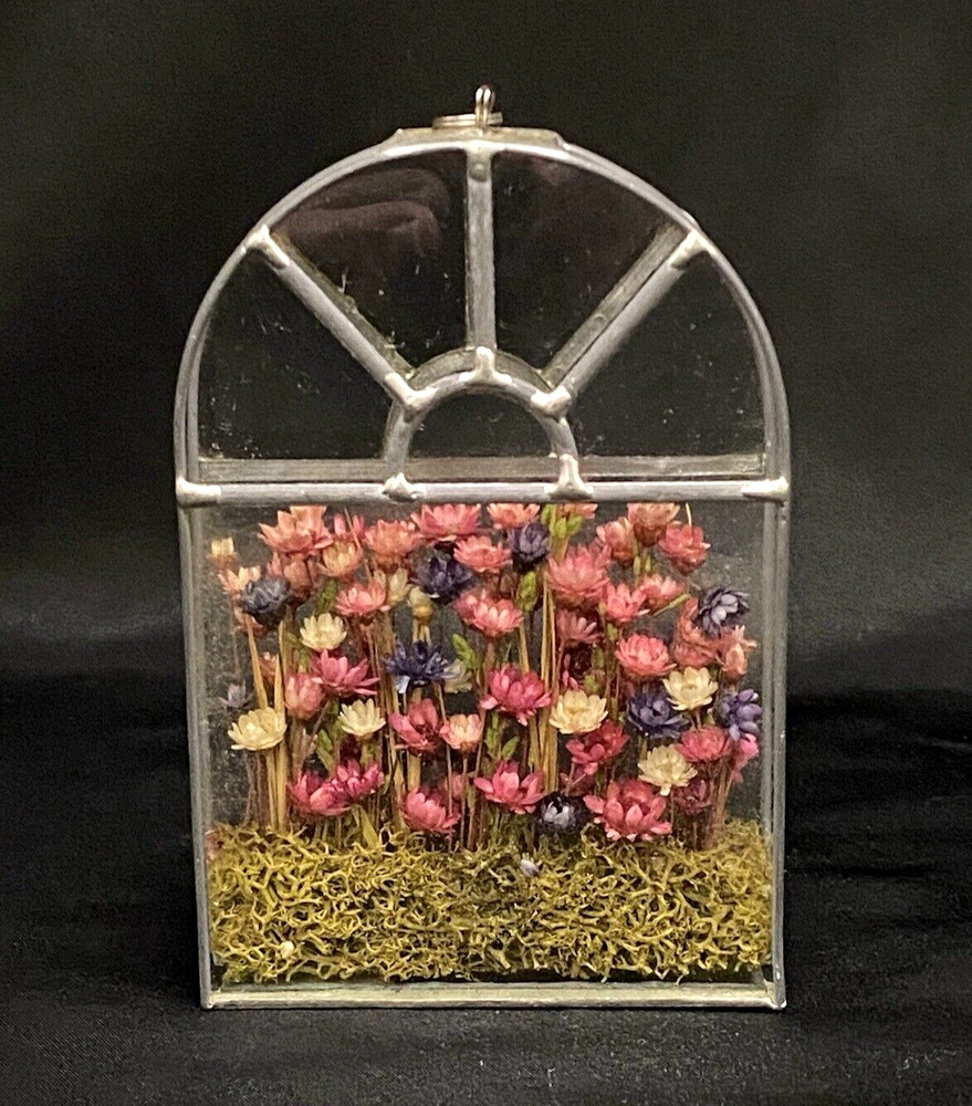 Vintage dried flower shadow box Sun catcher in glass/iron hand crafted in Poland