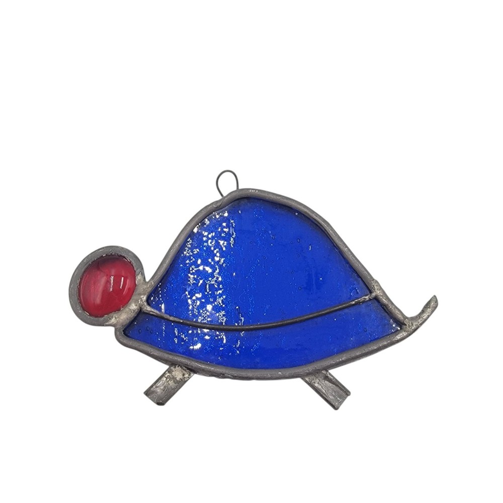 Handcrafted Stained Glass Patriotic Turtle Sun Catcher In Blue & Red
