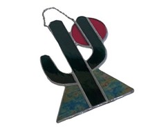 Stained Glass 6 Inch Cactus With Red Sun Green Hanging Ornament Window Cracked