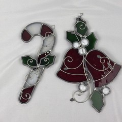 Vintage Christmas Stained Glass Suncatcher Candy Cane And Bells