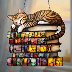 Charming Tabby Cat And Book Sun Catcher 5.9inch X 5.9inch Acrylic Wall Decor NEW