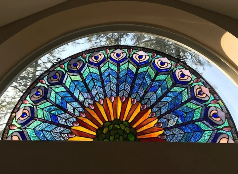 Tiffany Style Stained Glass Hanging Window Panel Peacock Feather Design