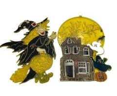 Set Of 2 Vintage Halloween Plastic SunCatcher Witch Haunted House Pumpkin 9”