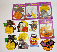 Vintage Lot 11 Halloween Plastic Suncatchers Hanging Cat Ghost Witch Bat Pumpkin