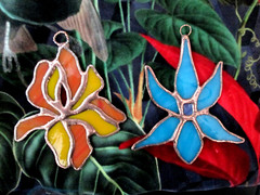 Stained Glass Orchid Suncatcher Ornaments (x2) Orange & Blue Gifts!