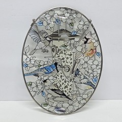 Garden Birds On The Feeder Art Glass Suncatcher Chickadee Bluebird Floral AMIA