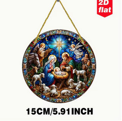 Birth of Jesus Suncatcher, Acrylic, 2D, Stained Glass Look,5.9″, Nativity/Manger