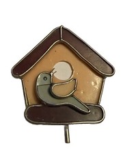 Vintage Stained Glass Bird House Sun Catcher Ornament With Blue Bird