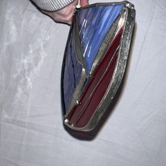 Stained Glass Leaded Sail Boat Red, Blue & Slag Vintage Suncatcher Ornament 7”
