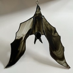 Stained Glass Bat Sun Catcher Black Smokey Swirl Gothic Window Decor 9.5 Inch