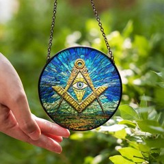 All Seeing Eye Earth Sky Blue Brown Masonic Glass Suncatcher