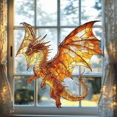Fiery Mosaic Dragon Charm Acrylic Suncatcher Stained Glass Effect Window Car …