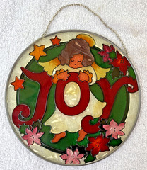 Vintage Joan Baker Stained Glass Sun Catcher Hand Painted Christmas Joy 7″