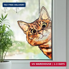 Remiawy Stained Glass Window Hanging, Funny Peeking Cat with Metal Chain and Hoo