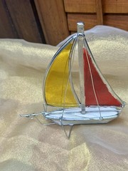 Vintage Estate Handmade Stained Leaded Glass Suncatcher Sailboat Ship Nautical