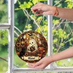 Personalized Cute Ghost Halloween Stained Glass Suncatcher, Family Keepsake