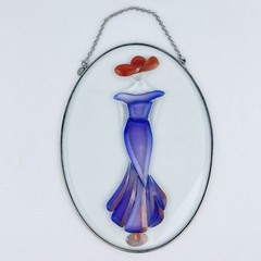 Amia Red Hat Society Woman Lady Purple Dress Hand painted Glass Suncatcher Oval